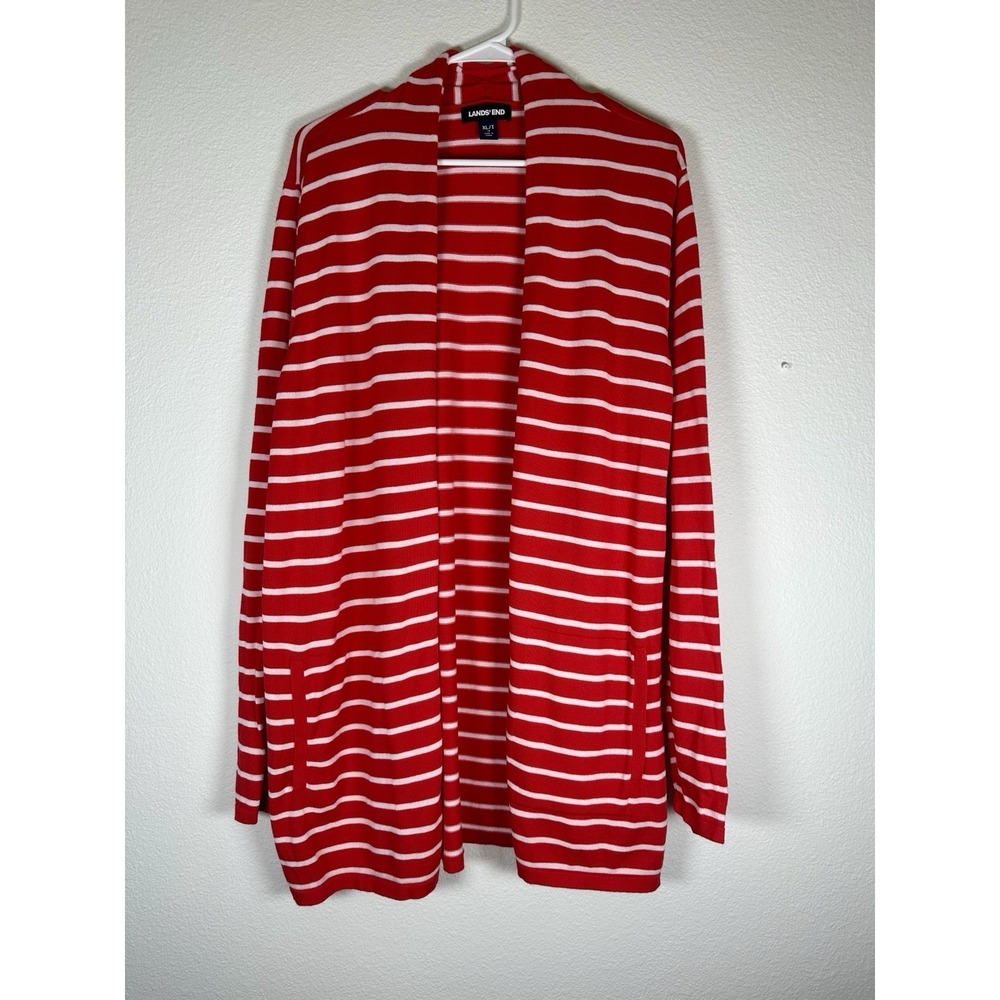 Lands End Cardigan Sweater Women XL Red And White Striped